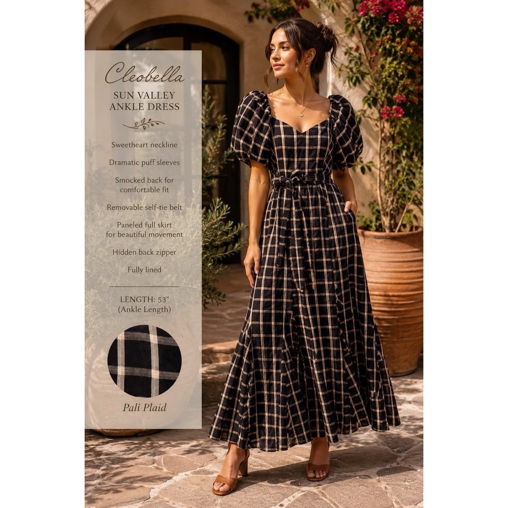 NWT Cleobella Ankle Dress XL SUN VALLEY Plaid Puff Sleeve Belted Cottagecore
